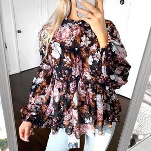 🍂 O.P.T ANTHROPOLOGY BOHO FLORAL 2-in-1 BLACK RUST RUFFLE BAGGY LONG SLEEVE TOP